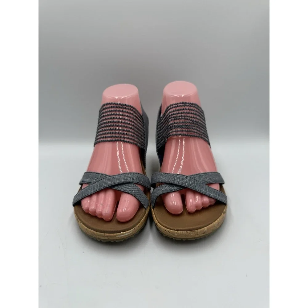 Skechers Luxe Foam Beverlee Blue Shimmer‎ Strappy Open Toe Cork Wedges Sz 7.5